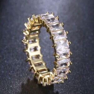 Yellow Gold Plated Eternity Ring Size 6.5 Wide Band Cubic Zirconia Baguettes